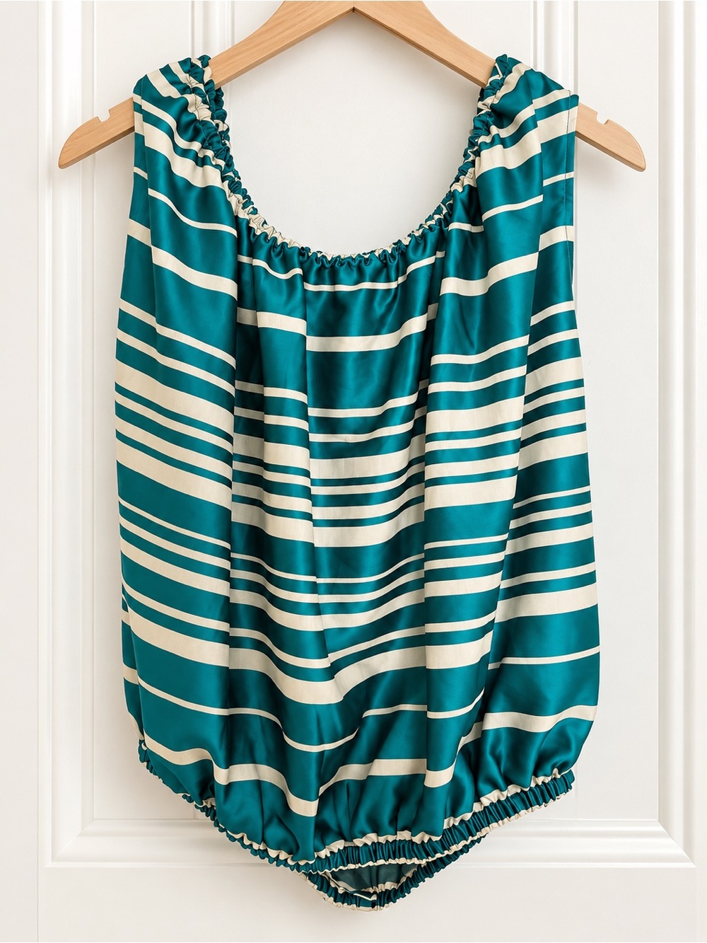 Trina Turk Teal and Cream Striped Sleeveless Blouse